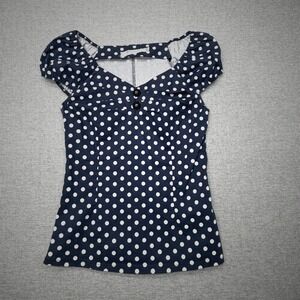 Meaneor Navy Blue White Polka Dot Pin Up Top Sweetheart Puff Sleeve Side Zip S